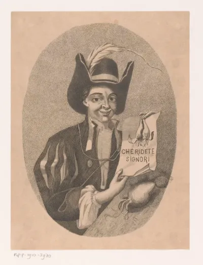 Lachende jongeman met hoed en een blad in zijn handen