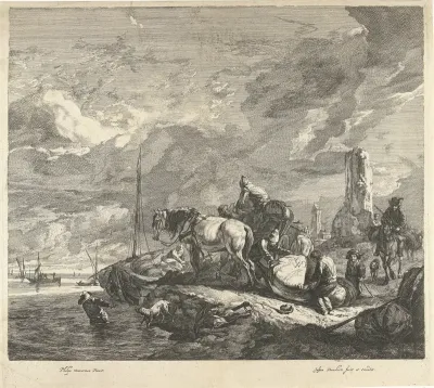 Lading van schip wordt gelost aan de kust