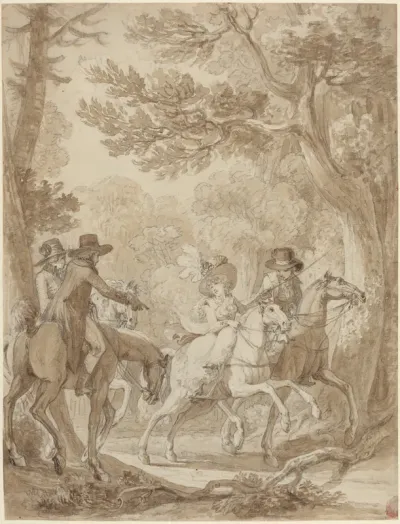 Lady and Gentlemen Riding in a Park