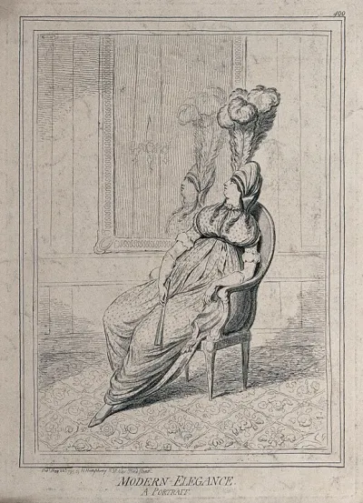 Lady Charlotte Campbell reclining in a chair in front of a mirror: she is wearing a hat decorated with an enormous feather which she can see as she gazes at her reflection in the glass