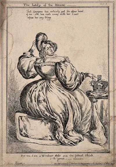 Lady Conyngham sitting on a stool with her hand on a crown