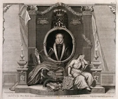 Lady Jane Grey, head and shoulders, in a medallion, above an empty throne; in the foreground, a woman holding a coat of arms mourns her