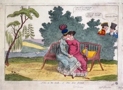 Lady Strachan and Lady Warwick making love in a park, while their husbands look on with disapproval