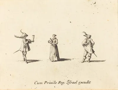 Lady with Wine Bottle, and Two Gentlemen