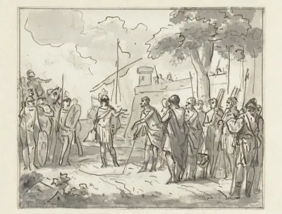 Laenas trekt een cirkel rond Antiochus IV Epiphanes in het zand