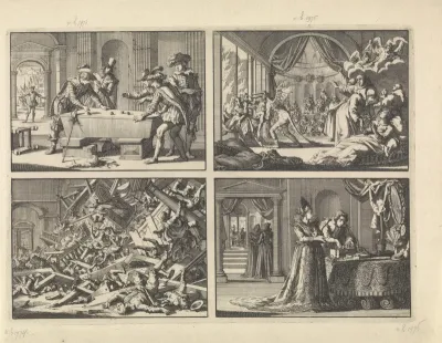 Lakeien dobbelen op de lijkkist van de hertog van Luynes, 1621 / Satyrische toneelvoorstelling door koning Filips IV van Spanje gegeven aan zijn gast Karel I van Engeland, 1623 / Ingestorte galerij tijdens een katholieke godsdienstoefening in het hui