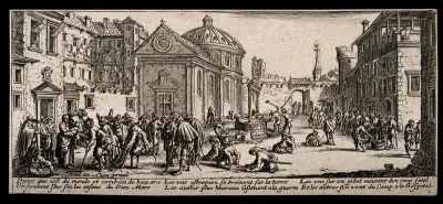 Lame people, war victims and beggars receiving alms at a hospital