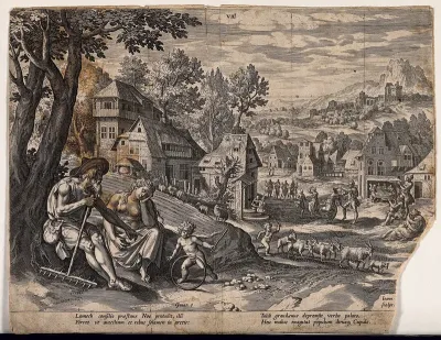 Lamech, holding a farming implement, points at a child; down in the street, various acts of uninhibited licence go on