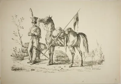 Lancer on Foot Walking Next to his Horse