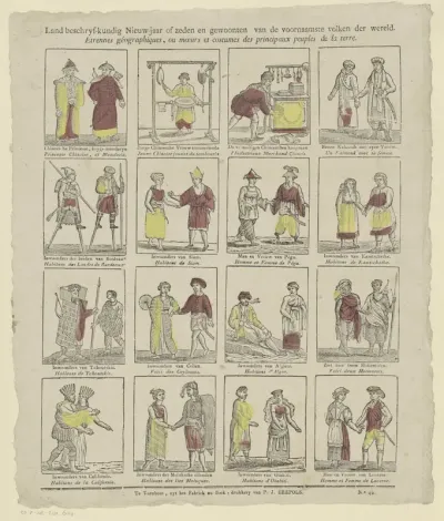 Land beschryf-kundig Nieuw-jaar of zeden en gewoonten van de voornaamste volken der wereld / Etrennes géographiques, ou moeurs et costumes des principaux peuples de la terre