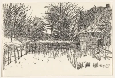 Land met hek, bomen en schuur