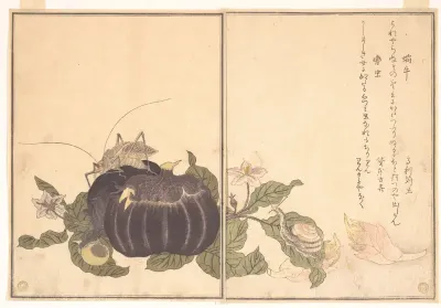Land Snail (Katatsumuri); Giant Katydid (Kutsuwamushi), from the Picture Book of Crawling Creatures (Ehon mushi erami) — Kitagawa Utamaro Kanvas Tablo