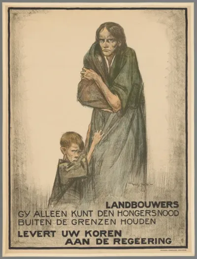 Landbouwers. Gij alleen kunt den hongersnood buiten de grenzen houden. Levert uw koren aan de regeering.