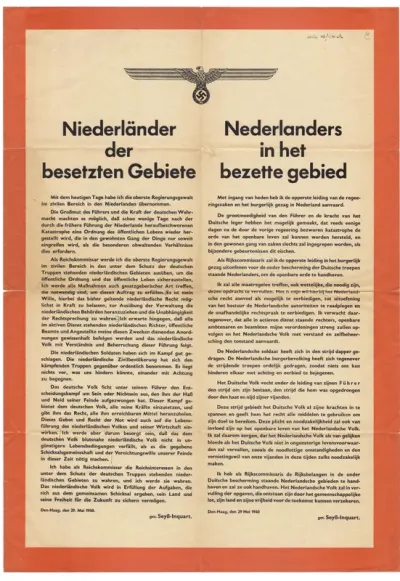 Landelijke proclamatie, op 29 mei 1940, van Seyss-Inquart: de overname van het gezag in Nederland door de Duitsers en de verwachtingen voor de toekomst.