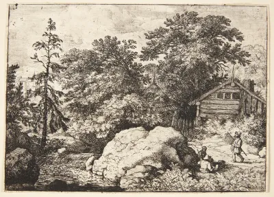 Landevej, i forgrunden to mænd siddende ved en stor sten