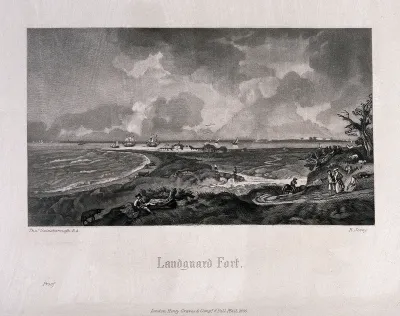 Landguard Fort; ships in the background, men in the foreground