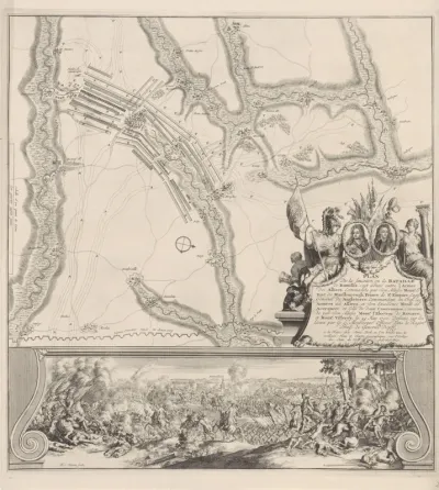 Landkaart en illustratie van de slag bij Ramillies, 1706