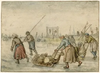 Landlieden met sleden op het ijs