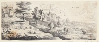 Landsby med en kirke, t.v. en mand med en skalmeje