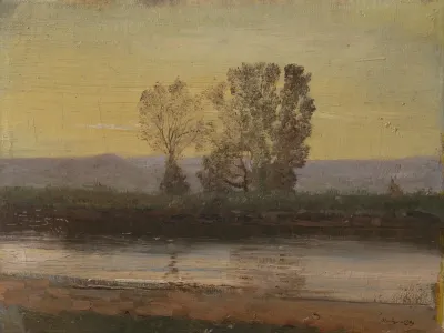 Landscape at Twilight with River and Cluster of Trees