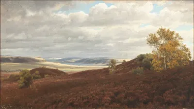 Landscape by a lake with flowering heather