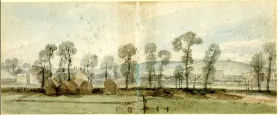 Landscape, farm buildings, haystacks and trees