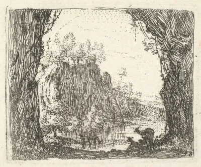 Landscape flanked by trees in the left and right foreground, silhouettes of two goats, a river with cliffs beyond, from "The Small Landscapes"