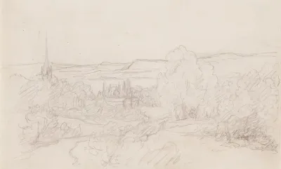 Landscape, Forest, Mountains and Steeple
