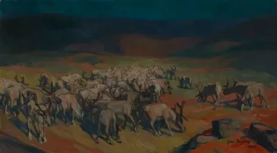 Landscape from Lapland with a Reindeer Herd
