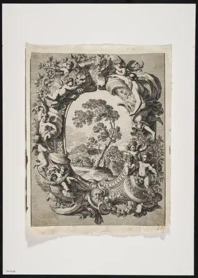 Landscape scene in a frame of putti, eagle, lion, nude female figure, a mask and leafy motifs