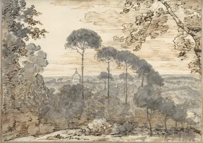 Landscape with a domed church, near Rome (Smaller Italian sketchbook, leaf 38 recto)