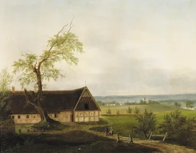 Landscape with a farm on a hill.