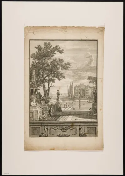 Landscape with a fountain with a water-spouting dragon and two sphinxes. In the background a water basin with a gondola.