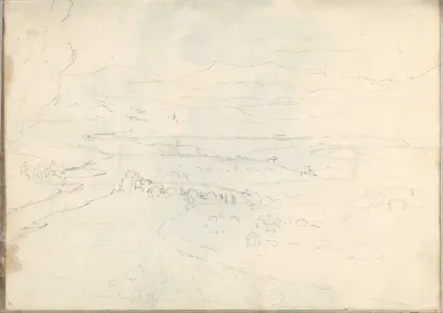 Landscape with a river, arched bridge and distant mountains, near Rome (Smaller Italian Sketchbook, leaf 39 recto)