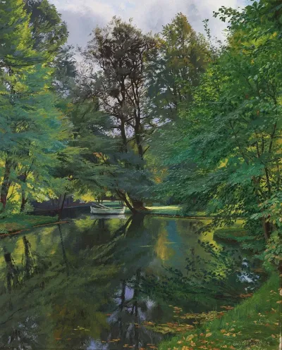 Landscape with a rowboat on a pond.