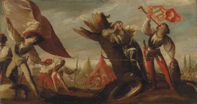 Landscape with a  soldier sounding a trumpet and a standard bearer, a military encampment beyond