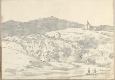 Landscape with a towered building and domed church, near Rome (Smaller Italian sketchbook, leaf 32 recto)