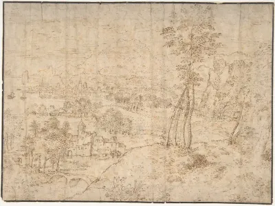 Landscape with a Town by the Seashore and Mountains in the Distance