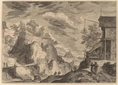 Landscape with an Inn to the Right and House on Rocks to the Left