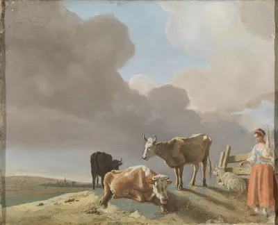 Landscape with cattle, sheep and a shepherdess