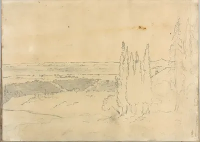 Landscape with cedars and buildings, at Rome (Smaller Italian sketchbook, leaf 24 recto)