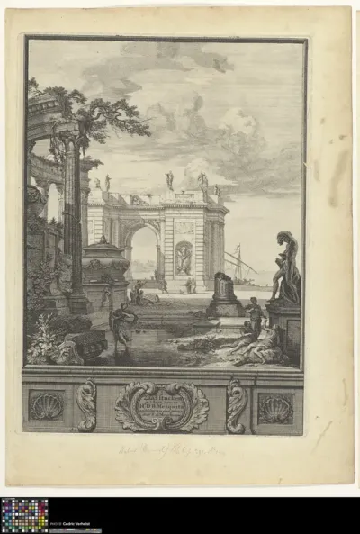 Landscape with classical sculptures and buildings