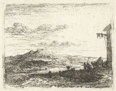 Landscape with corner of building and awning at far right, two figures and a horse-drawn cart are positioned with backs toward the building, a craggy hill beyond, from "The Small Landscapes"