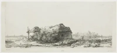 Landscape with cottages and a hay barn: oblong