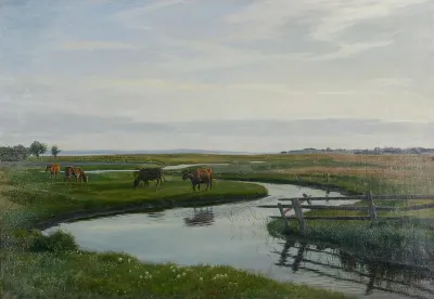 Landscape with cows at a river.