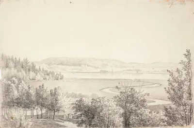 Landscape with deciduous forest, river and lake