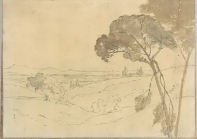 Landscape with distant buildings, near Rome (Smaller Italian sketchbook, leaf 27 recto)