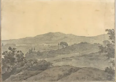 Landscape with distant buildings, near Rome (Smaller Italian sketchbook, leaf 28 recto)