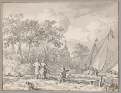Landscape with Elegant Figures by a River, with Boats to the Right and a Town Behind Trees Beyond
