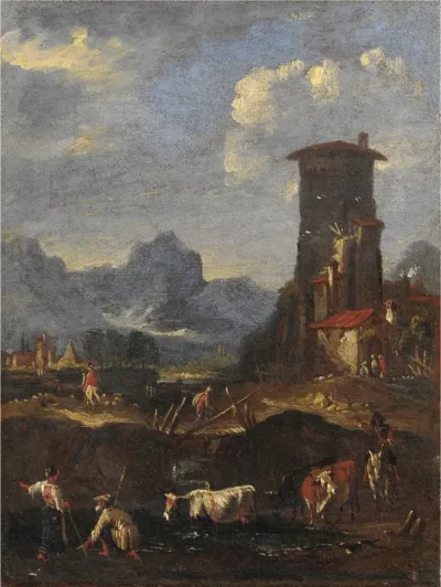 Landscape with farmers and animals, a village on the right